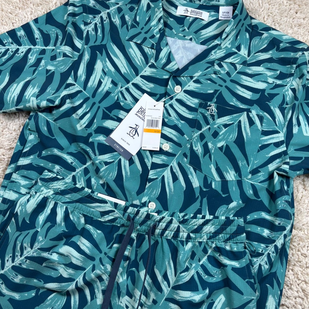 Original Penguin 2-Piece Cabana Set Mens Small Blue Teal Tropical Leaf Print